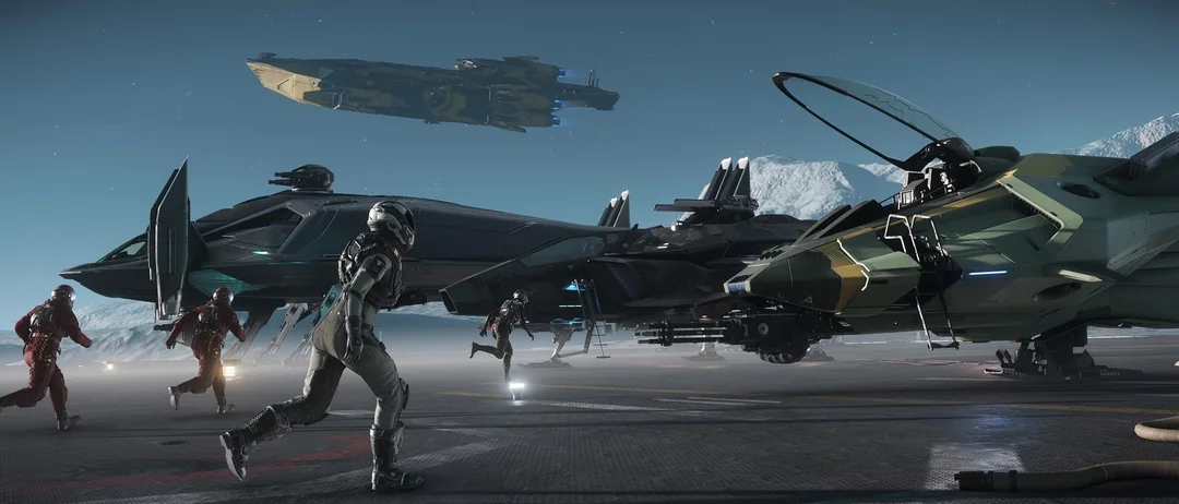 Tripulación corriendo hacia sus naves antes de la misión Tactical Strike Groups