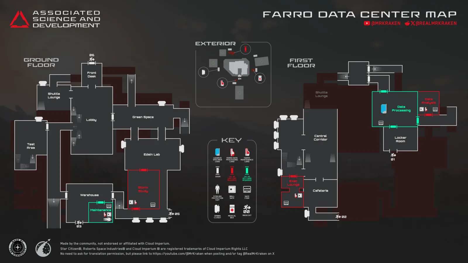 Mapa del centro de datos Farro (Pyro IV): entradas, zonas interiores y puntos de interés